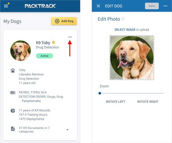 PACKTRACK Mobile App Dog Screen