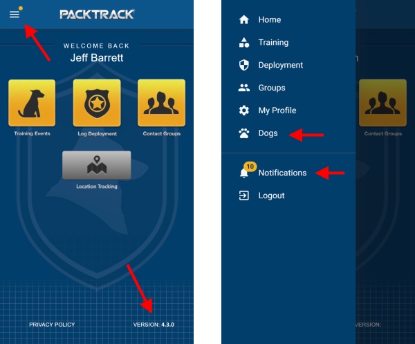 PACKTRACK Mobile App Home Screen