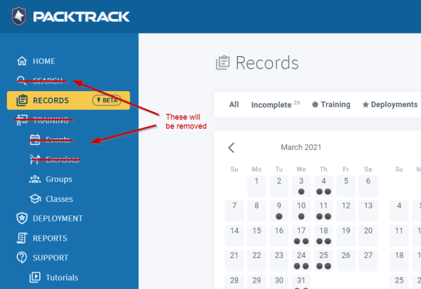 PACKTRACK Menu Items To Be Removed