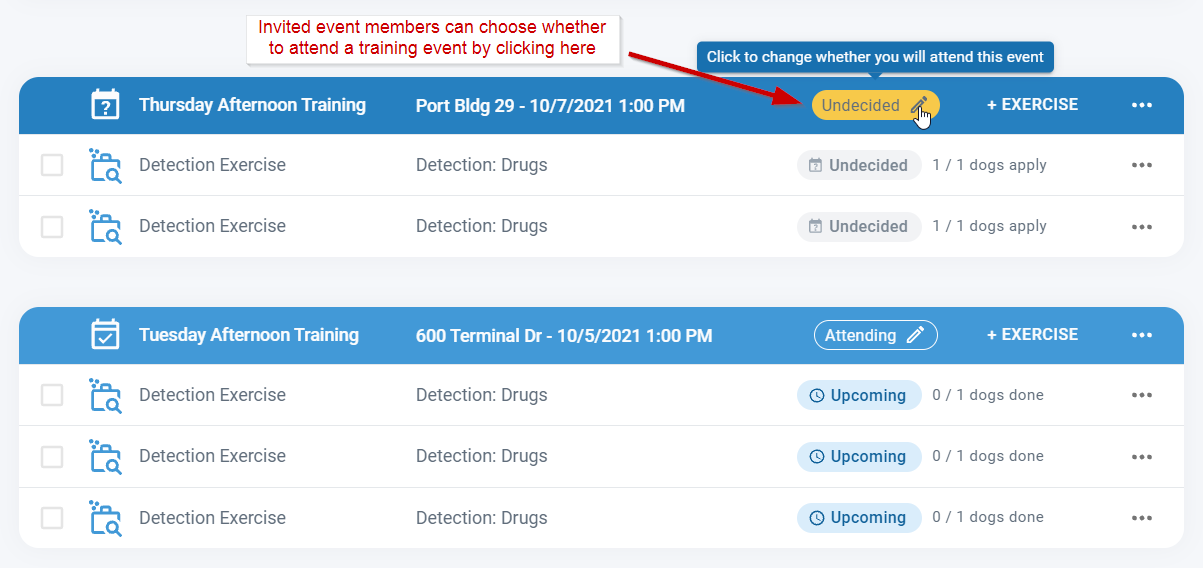 Choose to opt-in or decline a K9 training event invitation