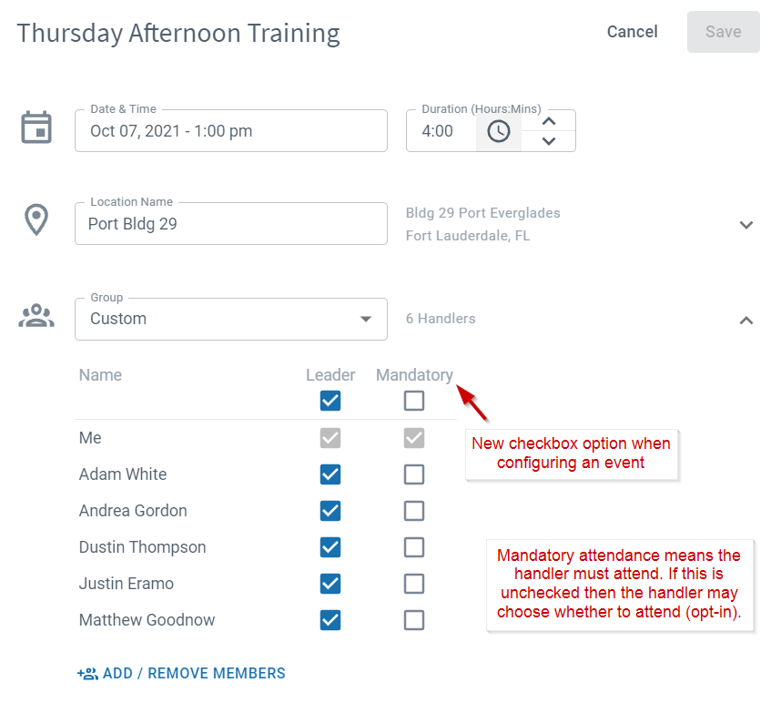 Attendance settings for K9 training events