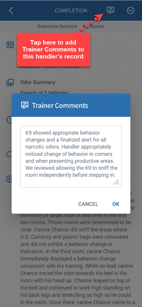 K9 trainers can comment on handler training records