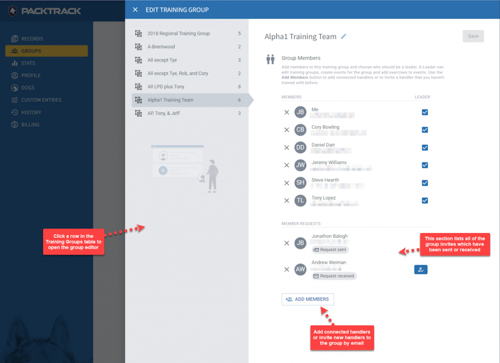 PACKTRACK training group editor