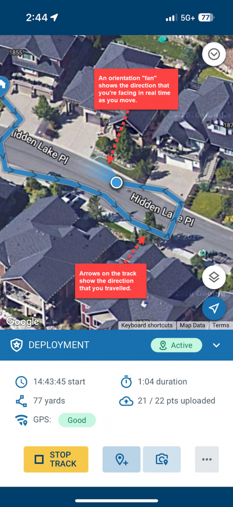 The K9 handler's orientation and direction are shown on the map