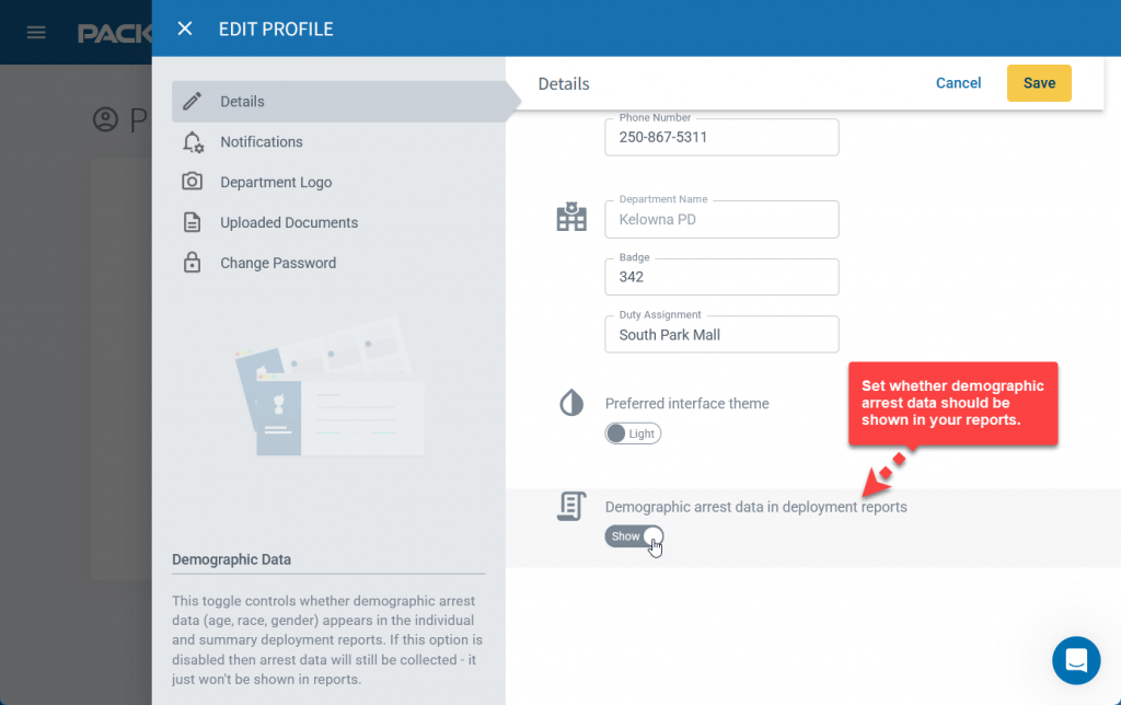 Set whether to show demographic arrest data in reports