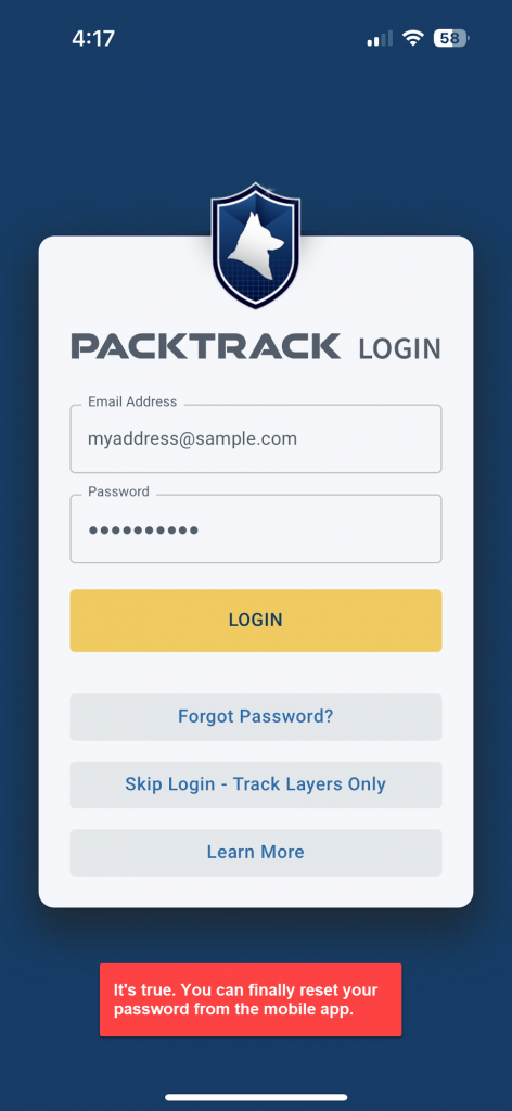 New PACKTRACK login dialogs