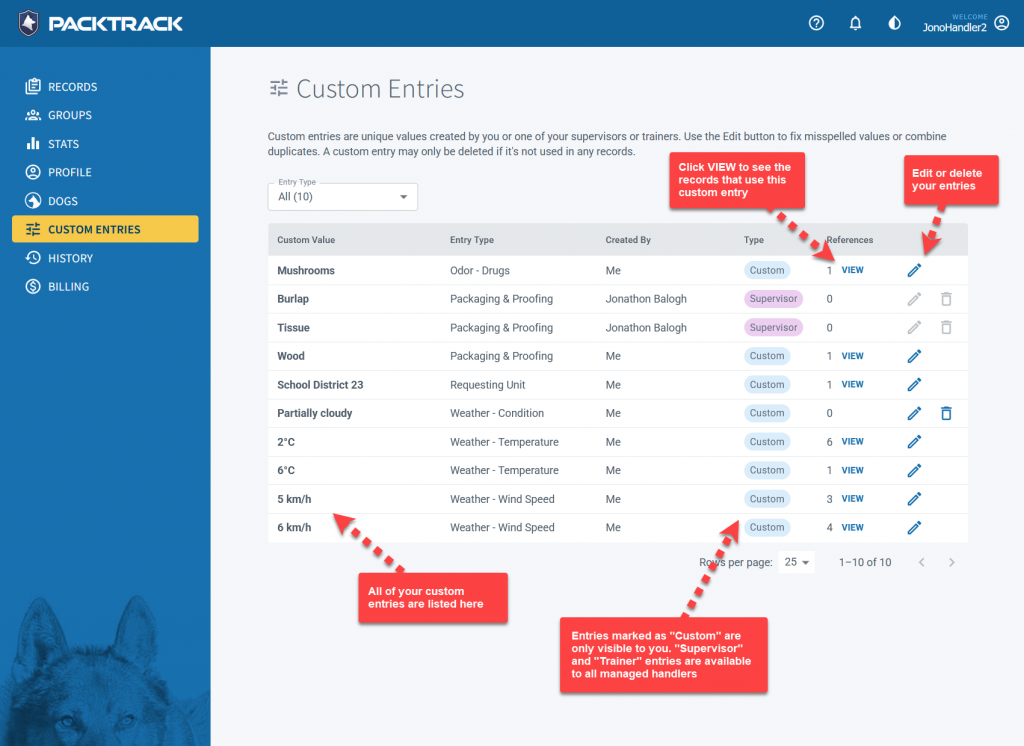 The custom entries page allows you to edit, merge and delete entries