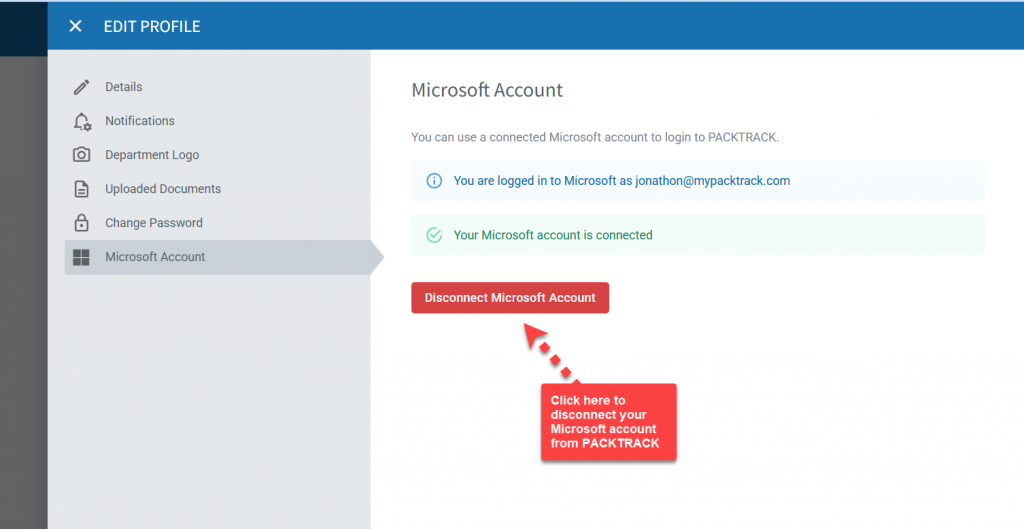 Disconnect your Microsoft account from PACKTRACK