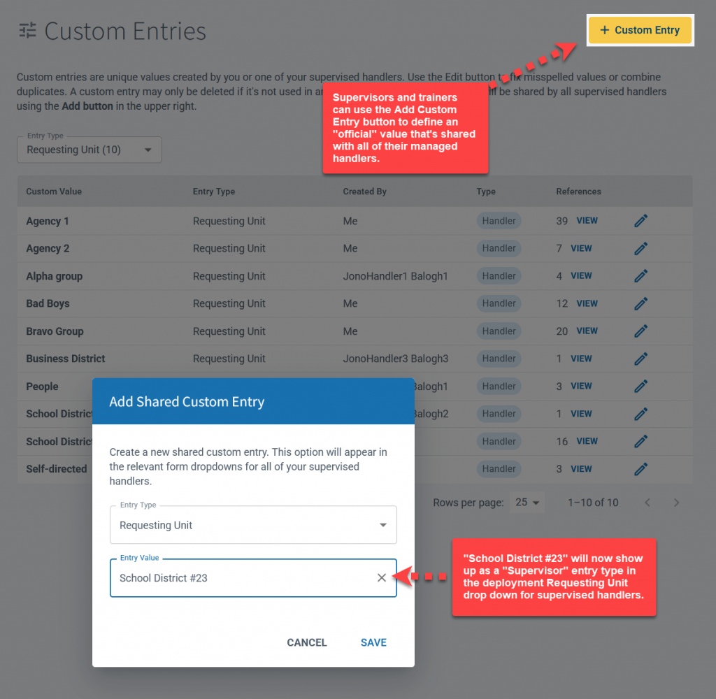 Supervisors can create shared custom entries for all of their handlers