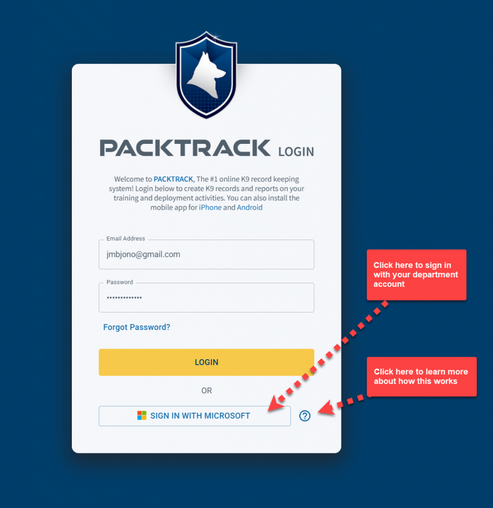 PACKTRACK login page
