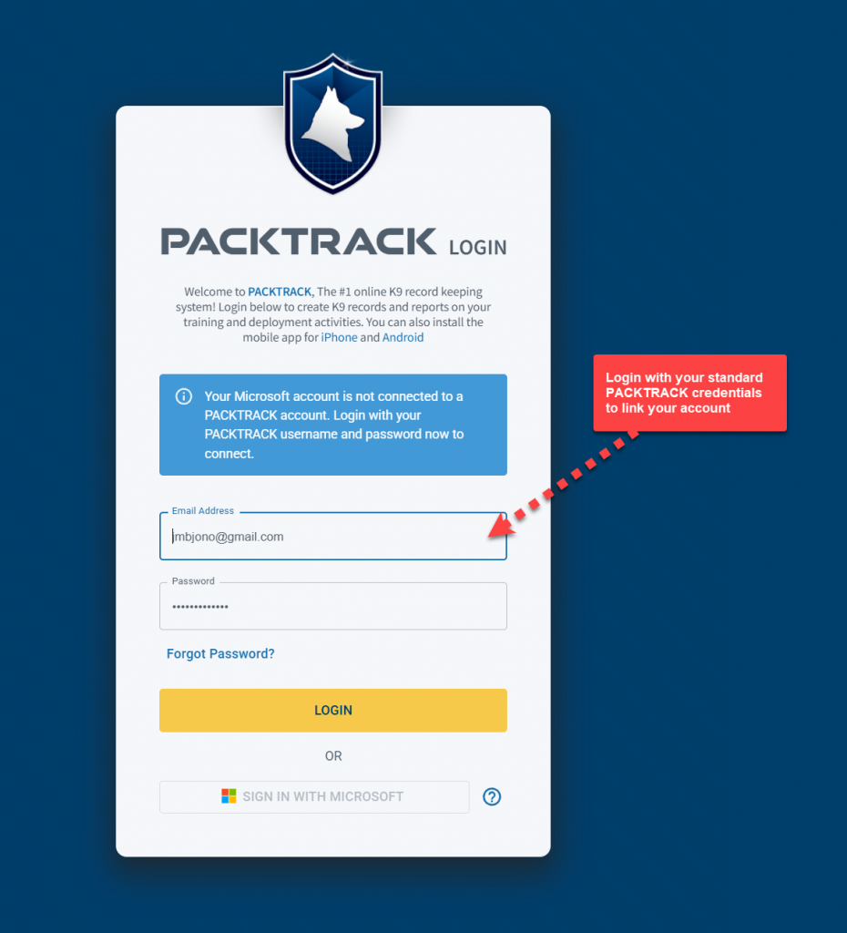 PACKTRACK login to link account