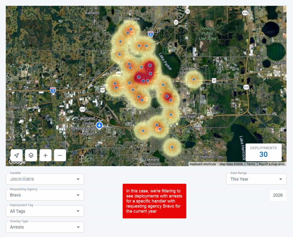 Deployment heatmap filtering to see specific K9 deployment locations