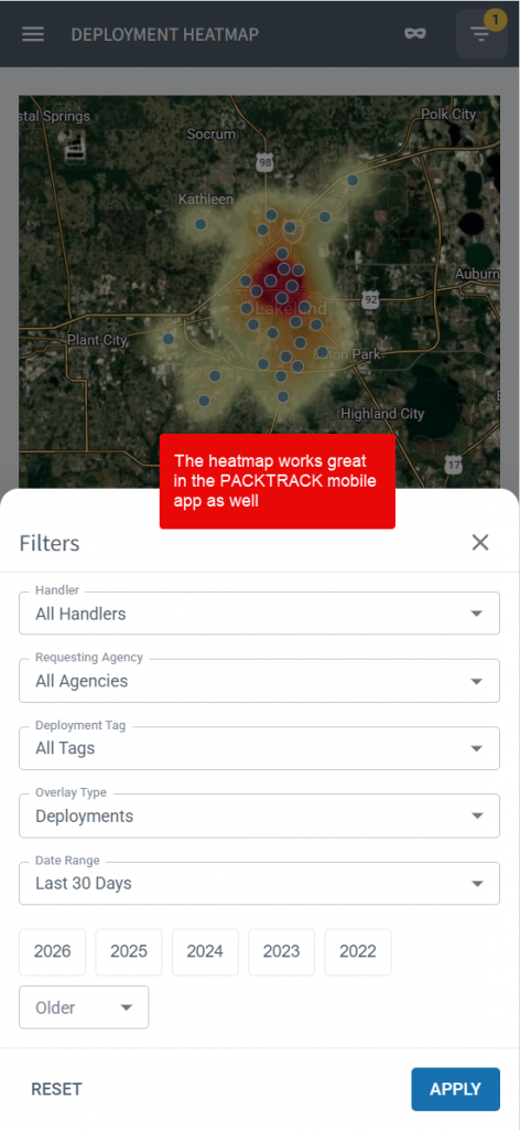 Deployment heatmap filtering in the PACKTRACK app
